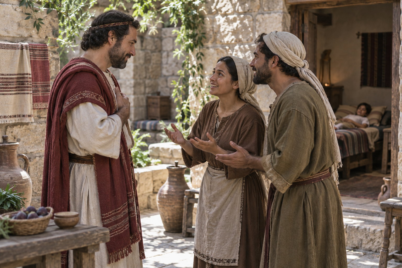 A father receives joyful news from servants in a first-century courtyard