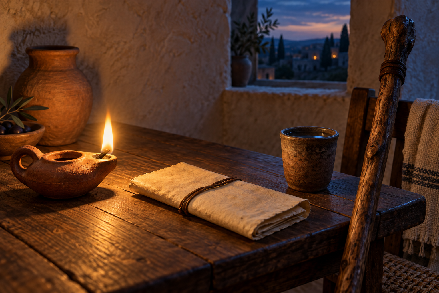A clay lamp and scroll rest on a simple table in a first-century home