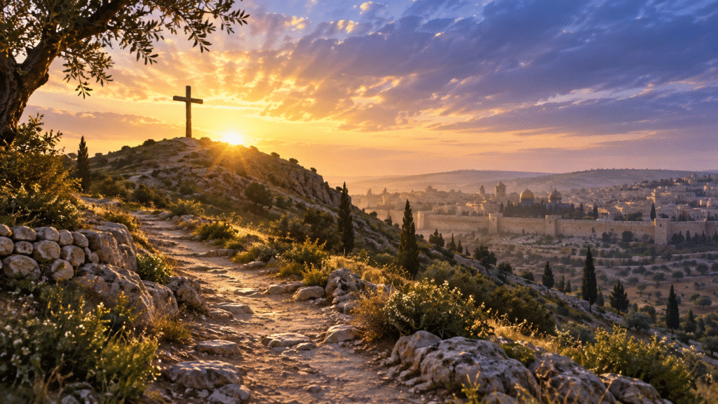 A wooden cross stands on a quiet hill above Jerusalem at dawn