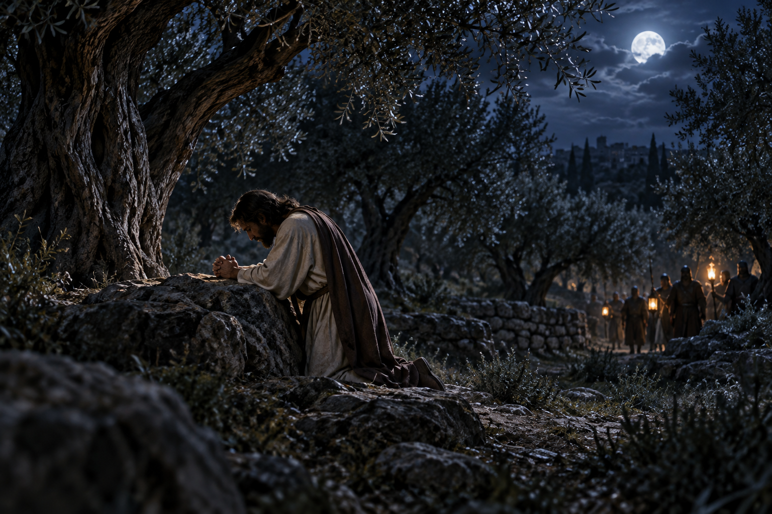 Jesus prays alone among olive trees in Gethsemane before His arrest