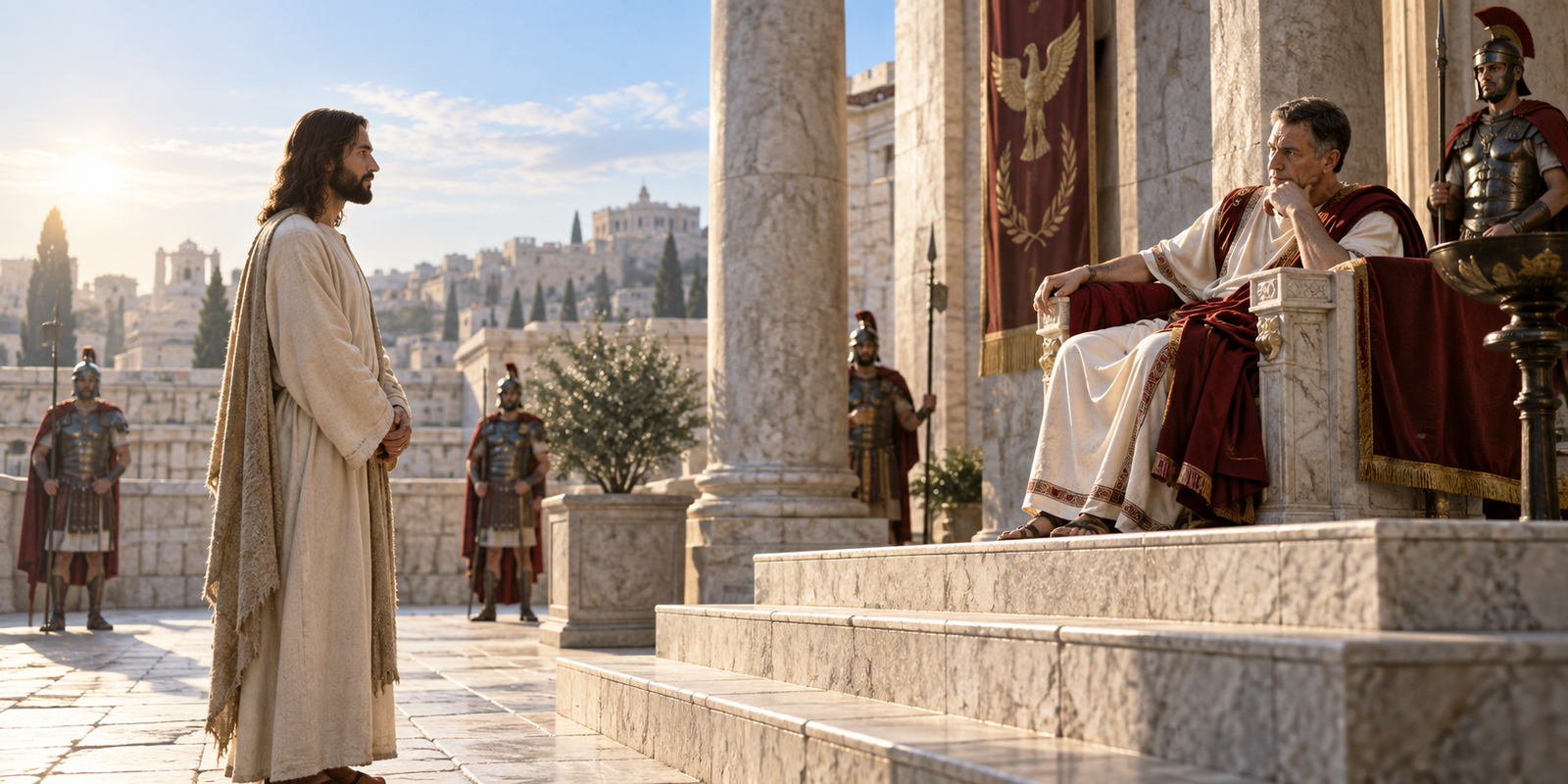 Jesus stands calmly in a stone courtyard as a Roman governor faces the crowd