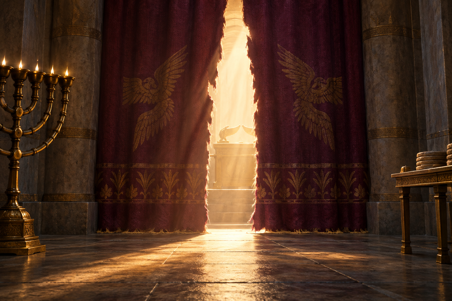 A heavy temple curtain hangs torn from top to bottom as light enters the stone sanctuary