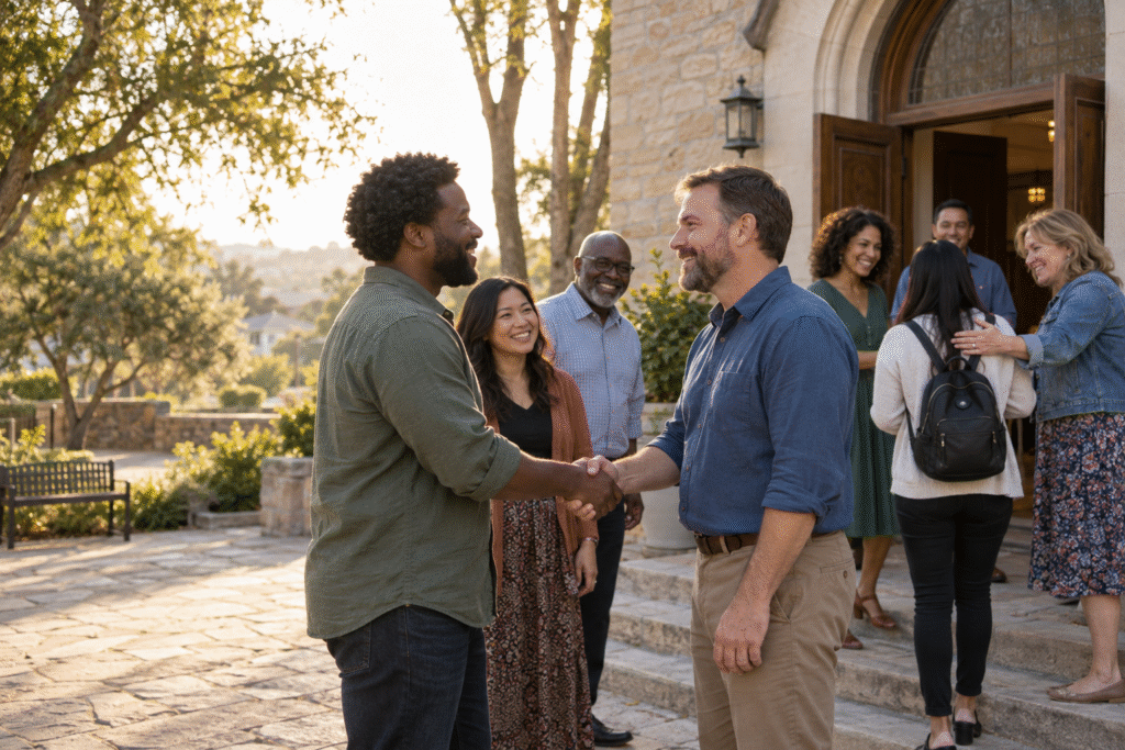 Neighbors greet one another as a church community welcomes a newcomer