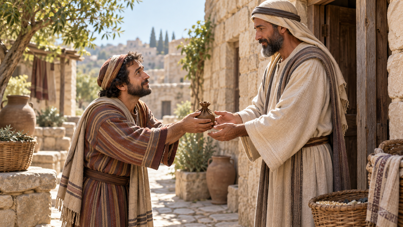 Zacchaeus humbly returns a small pouch of coins to a neighbour in a stone courtyard