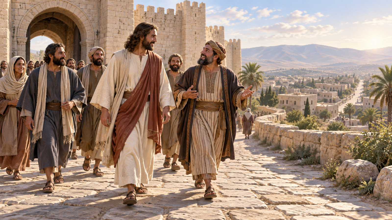 Jesus walks through an ancient gate with listeners while Zacchaeus walks joyfully beside them