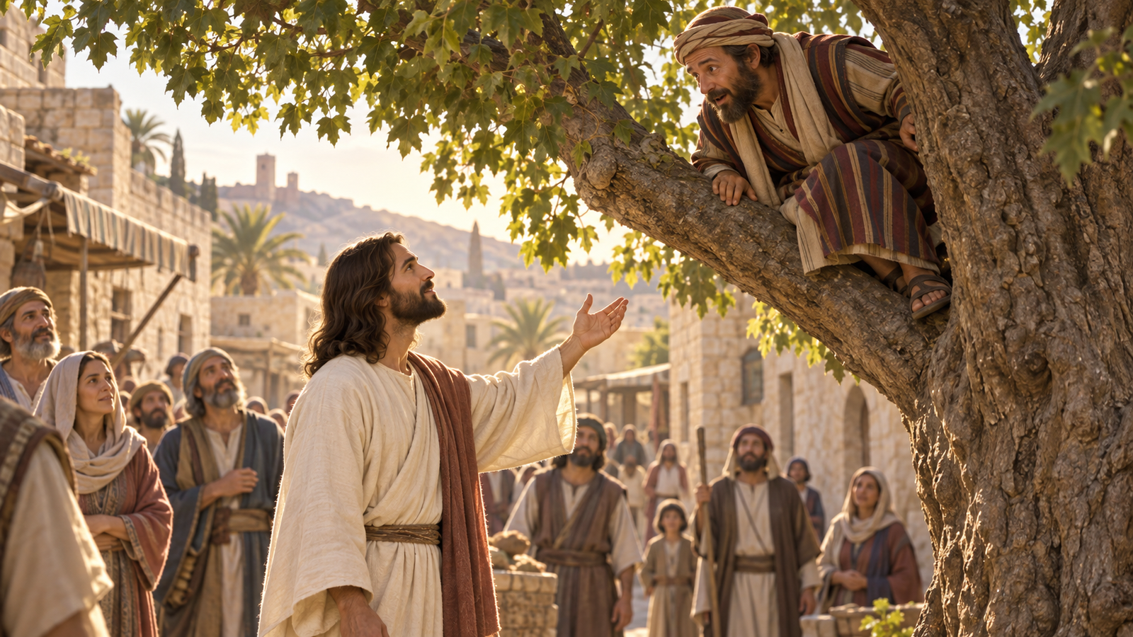 Jesus looks up and calls Zacchaeus down from a sycamore tree in Jericho