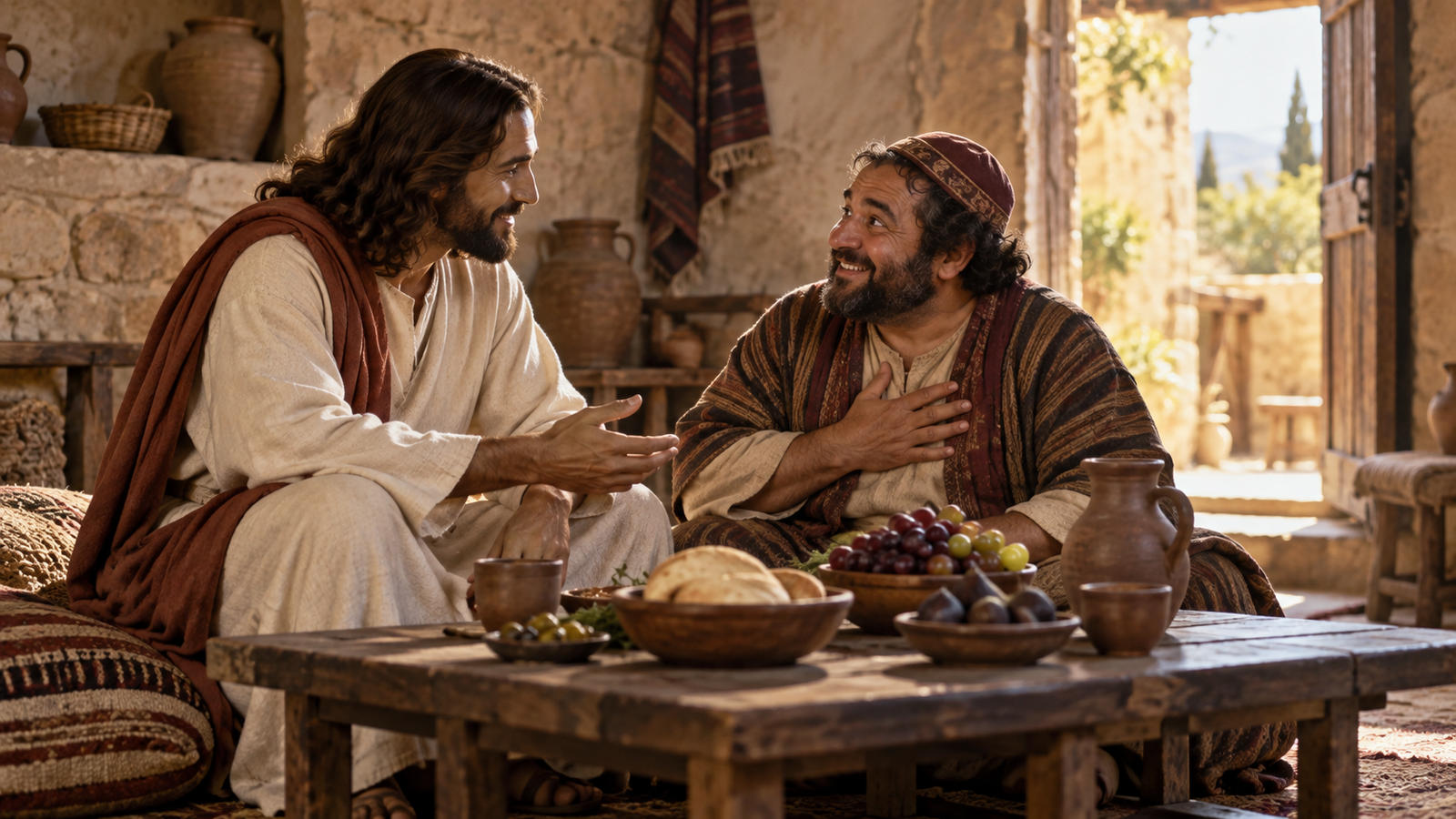 Jesus sits with Zacchaeus at a simple first-century home meal