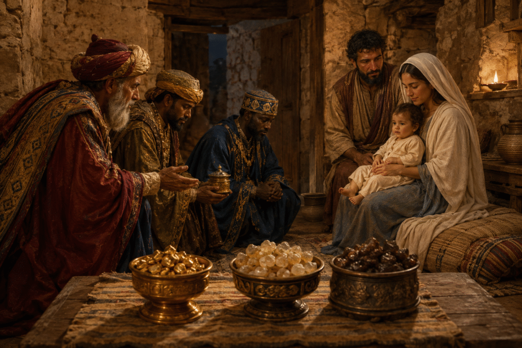 Magi offer gold frankincense and myrrh before Mary and the child Jesus