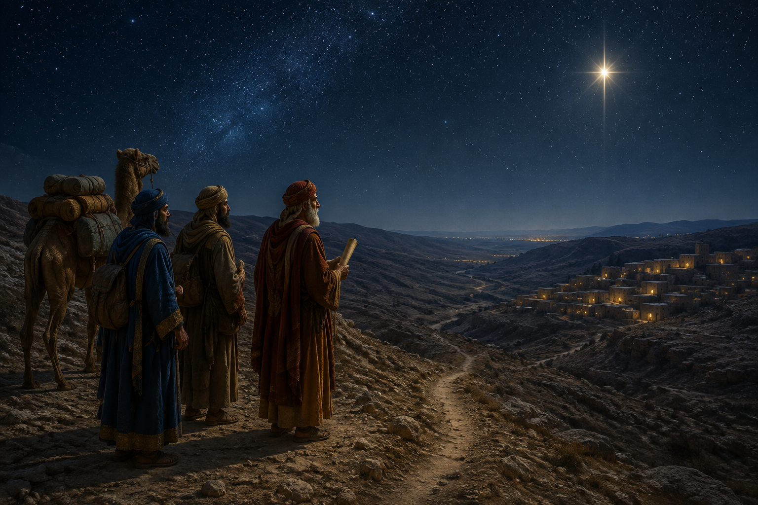 Magi travel toward Bethlehem beneath a bright star
