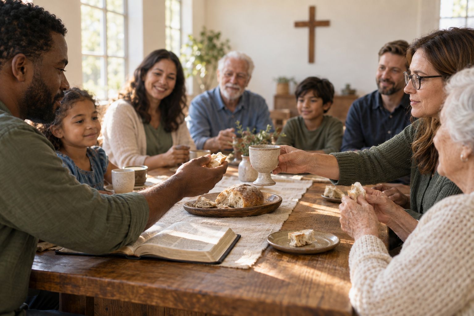 Christians of several generations share bread and a cup around a table beneath a cross