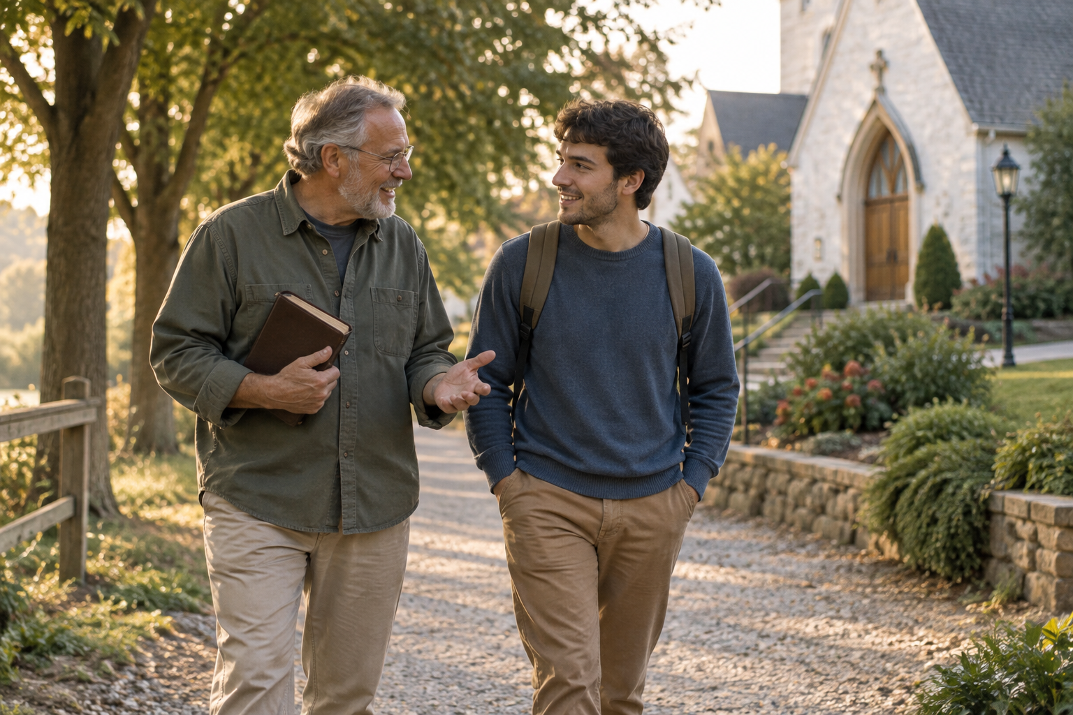 An older Christian mentor and a younger believer walk together with a Bible beside a church