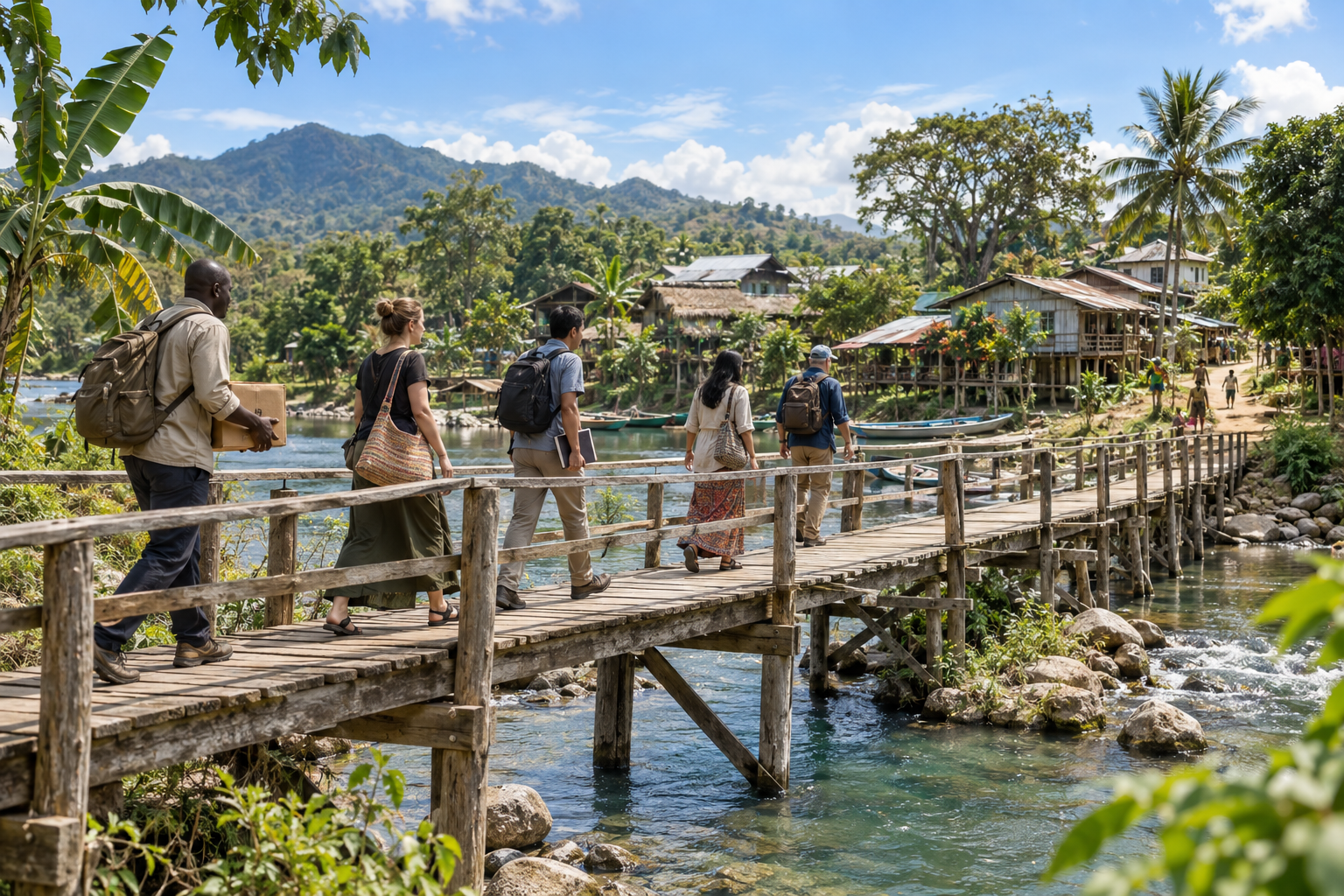 A diverse group of Christian workers crosses a wooden bridge toward a riverside village