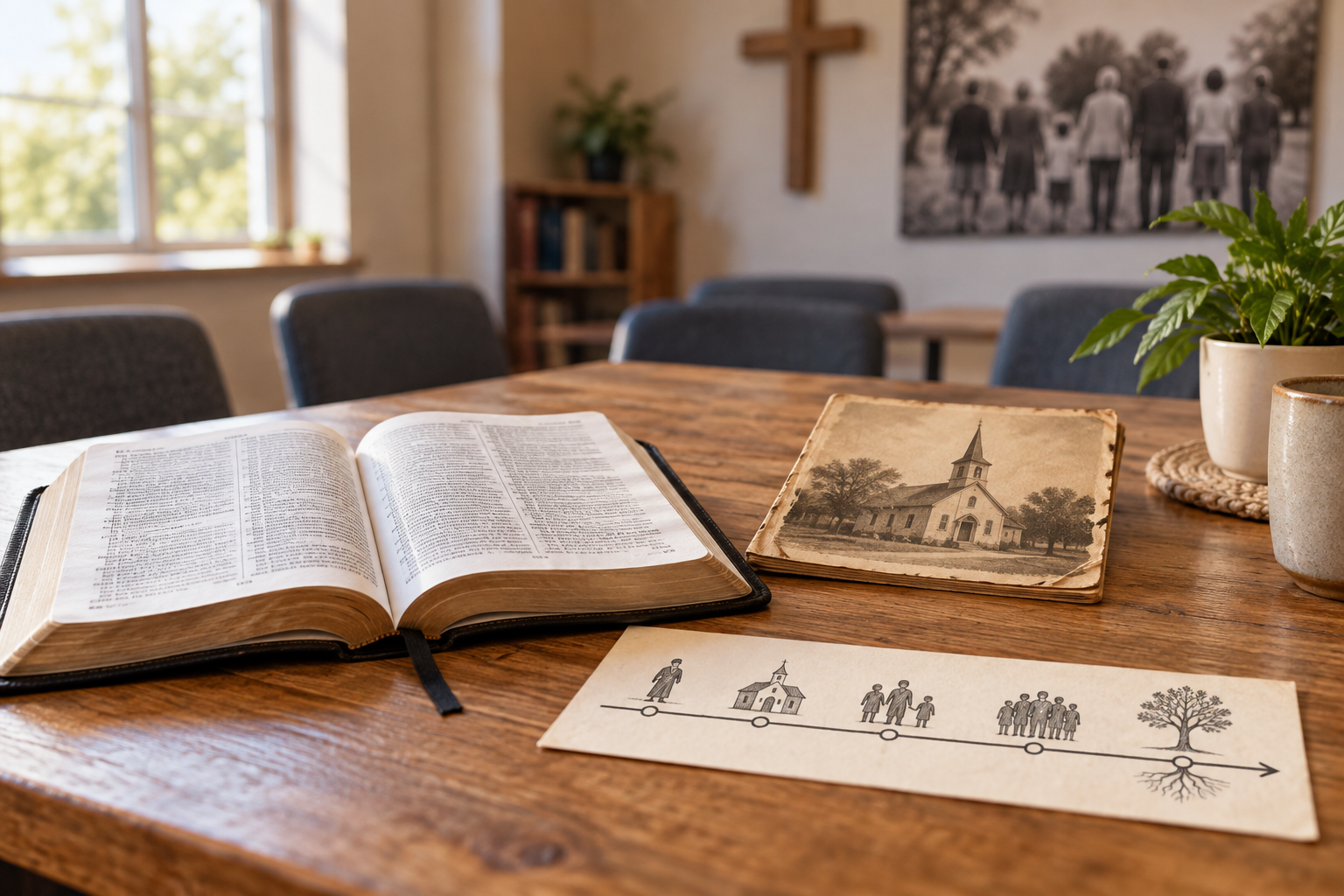 A worn Bible, baptismal basin, and blank archival papers sit beside a heritage meetinghouse