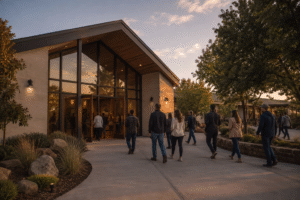 People enter a modern church campus at dusk
