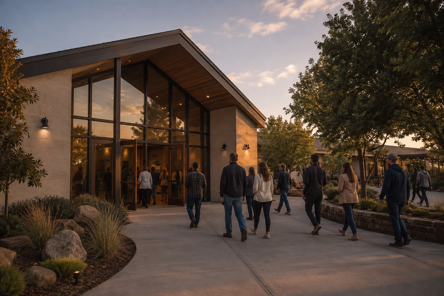 People enter a modern church campus at dusk