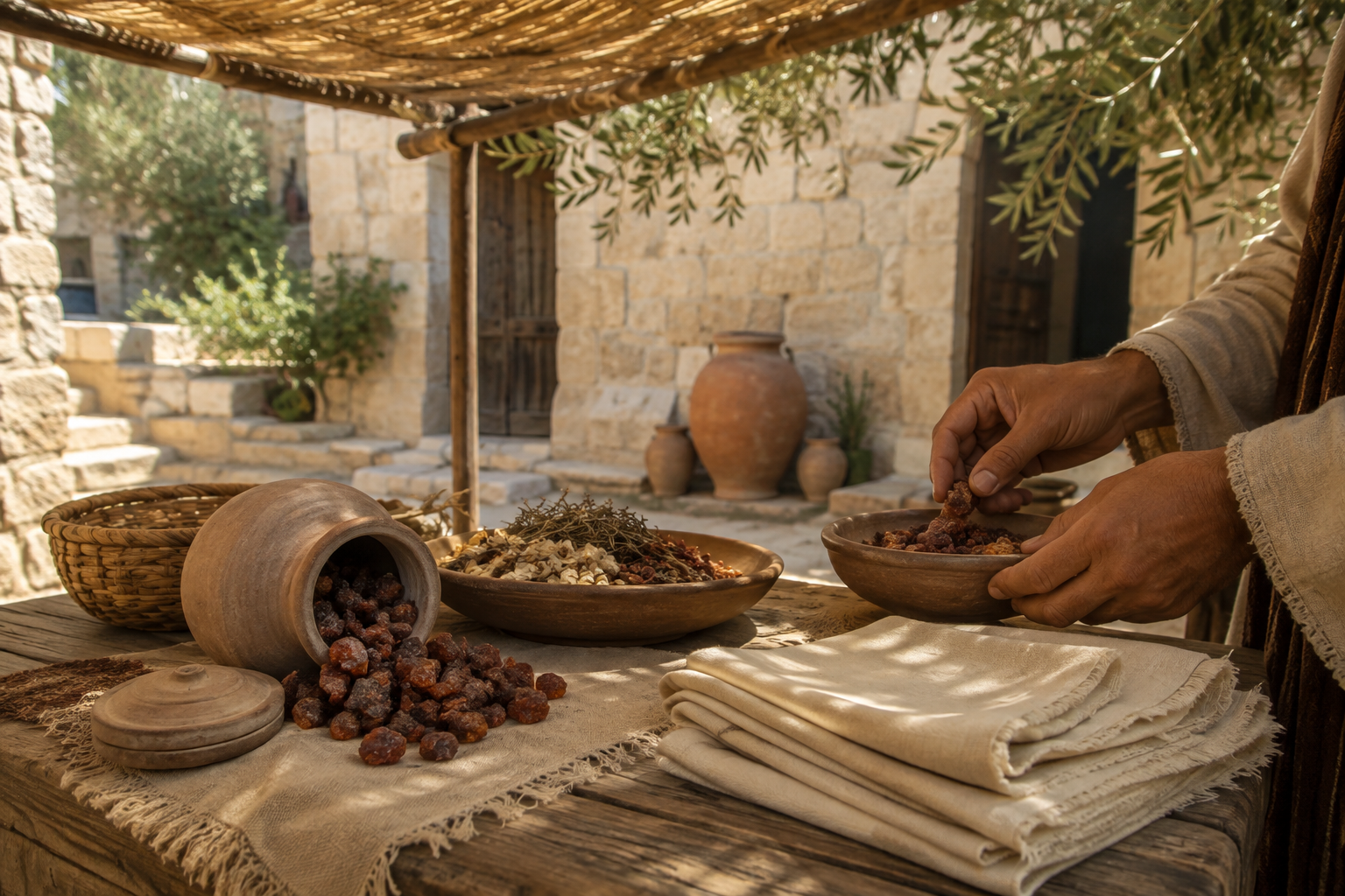Myrrh resin, spices, and folded linen prepared on a courtyard table