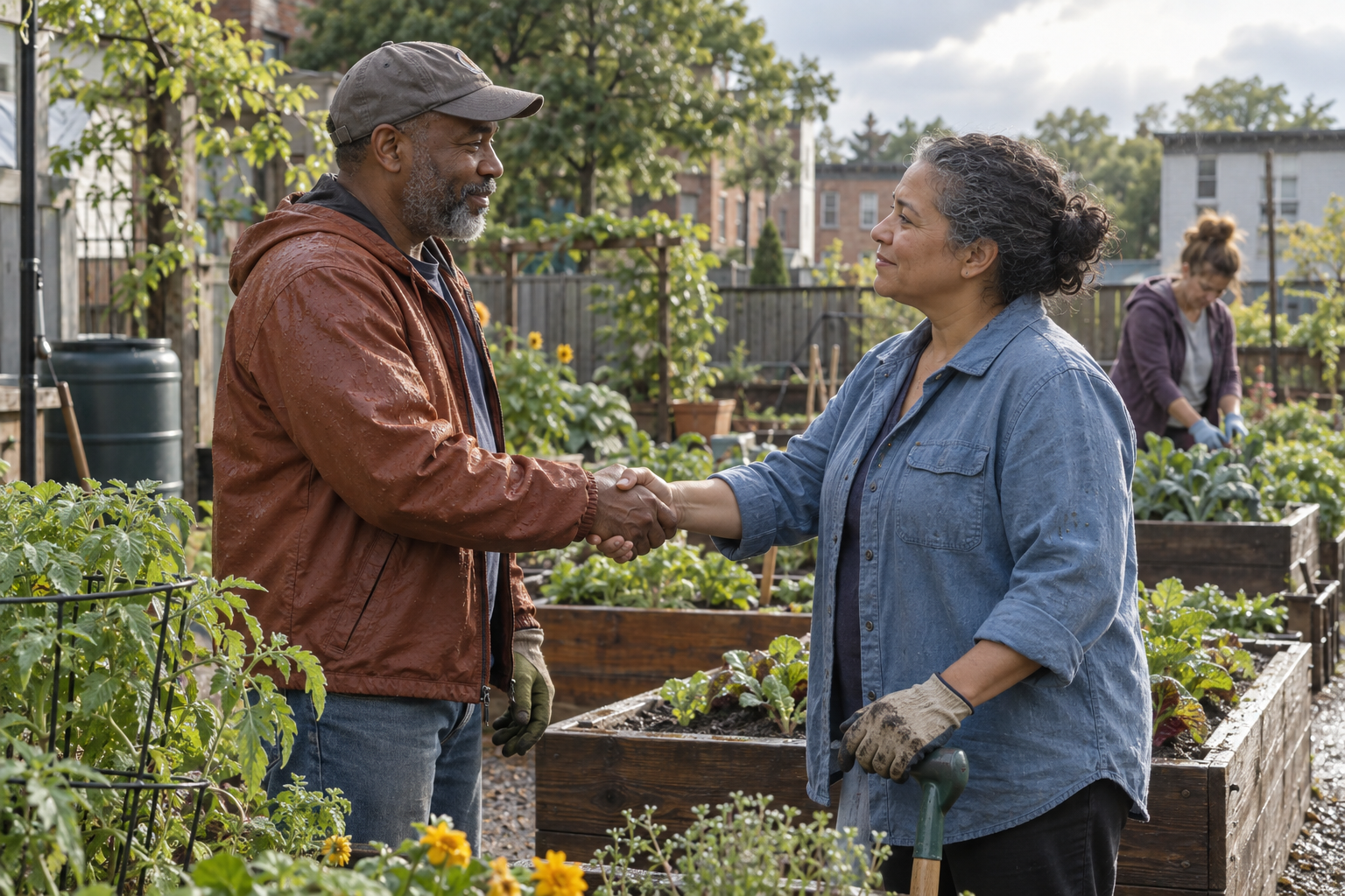 Two neighbors make peace while working in a community garden