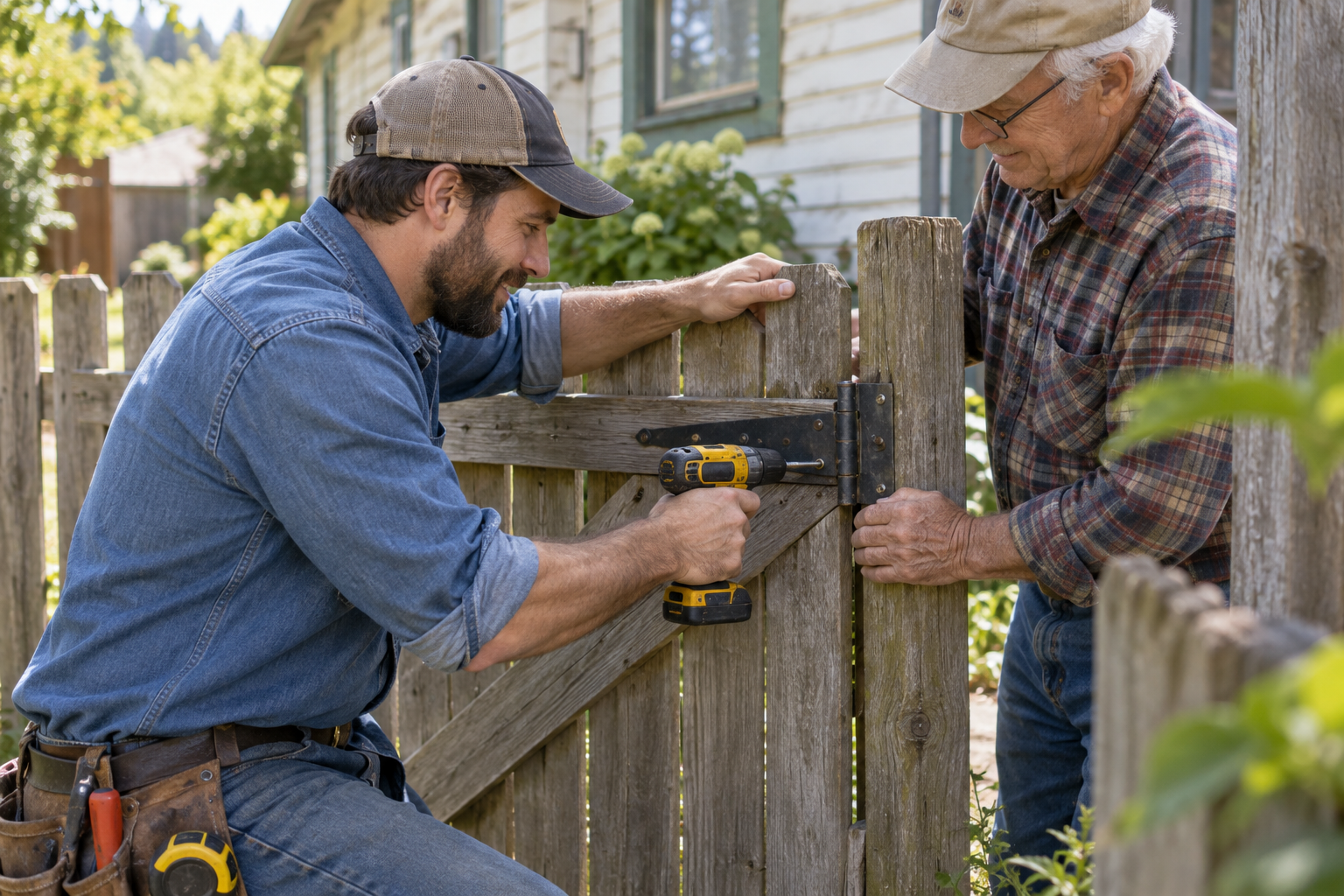 A younger neighbor helps an older man repair a wooden gate