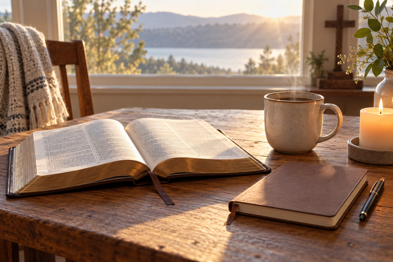 Open Bible and plain prayer journal rest beside a candle in morning light