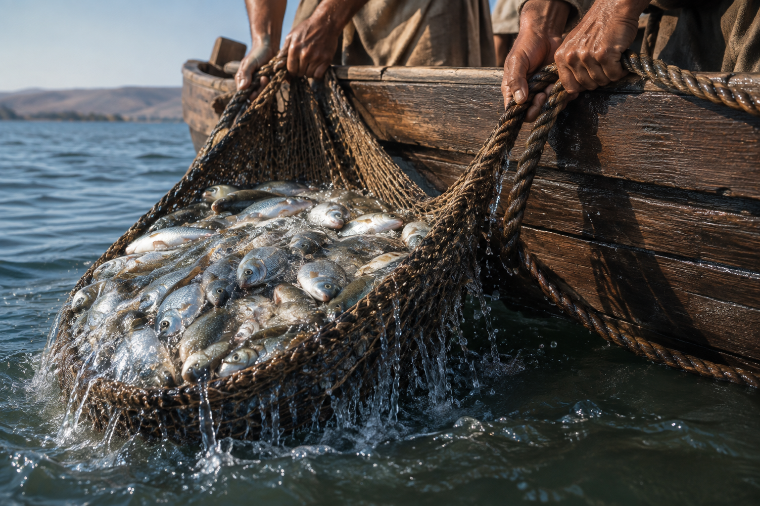 A heavy fishing net filled with fish beside a wooden boat