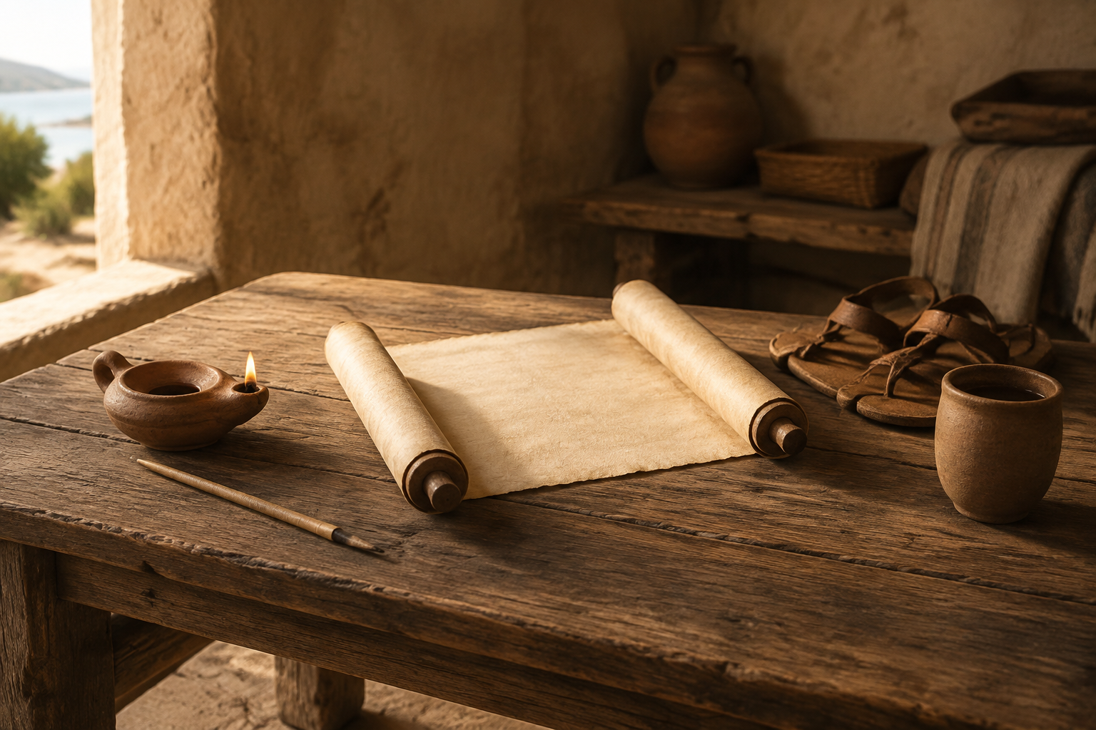 Blank parchment scroll, clay lamp, and sandals on a wooden table