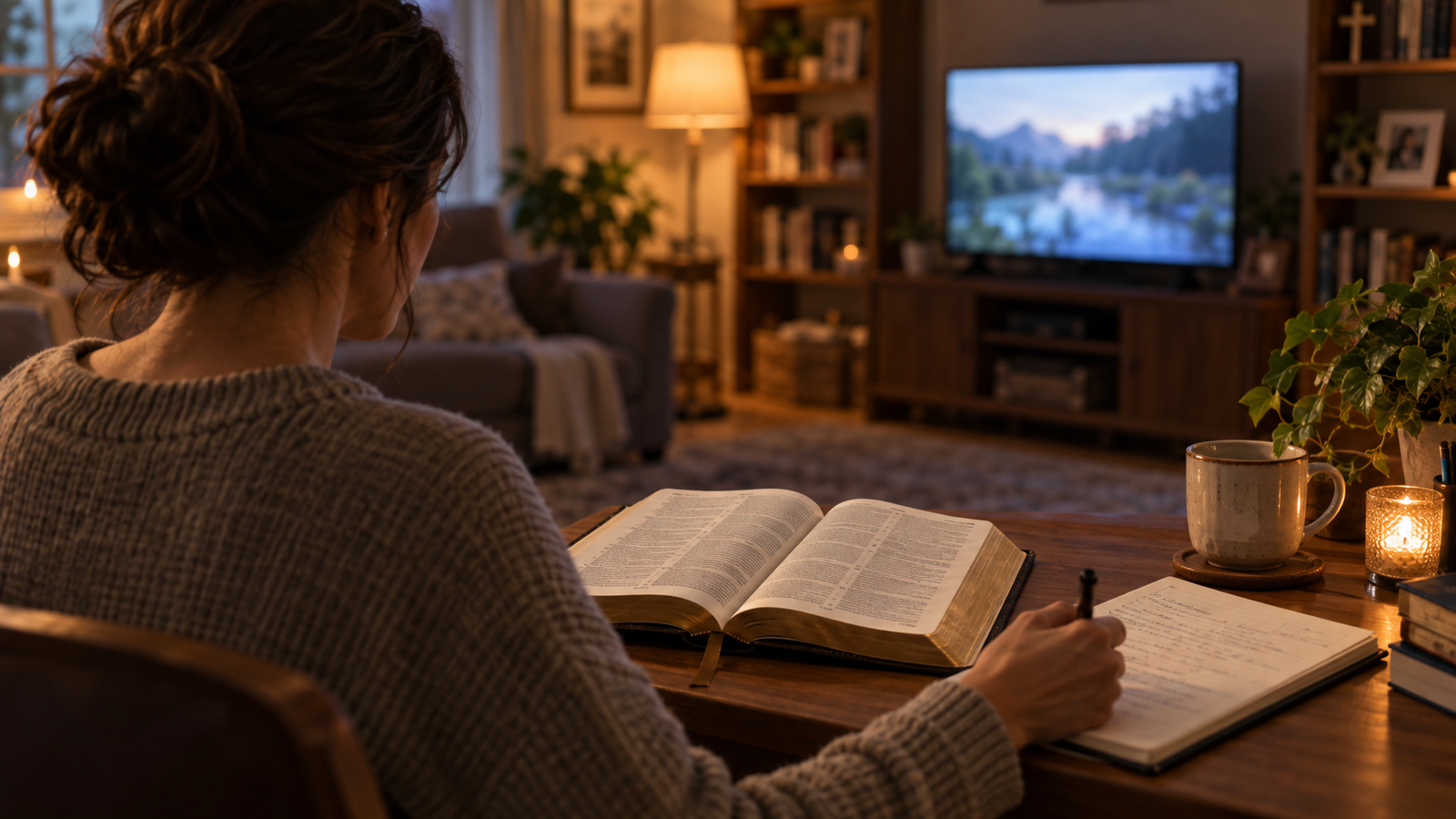 A reader comparing an open Bible with study notes while watching a documentary