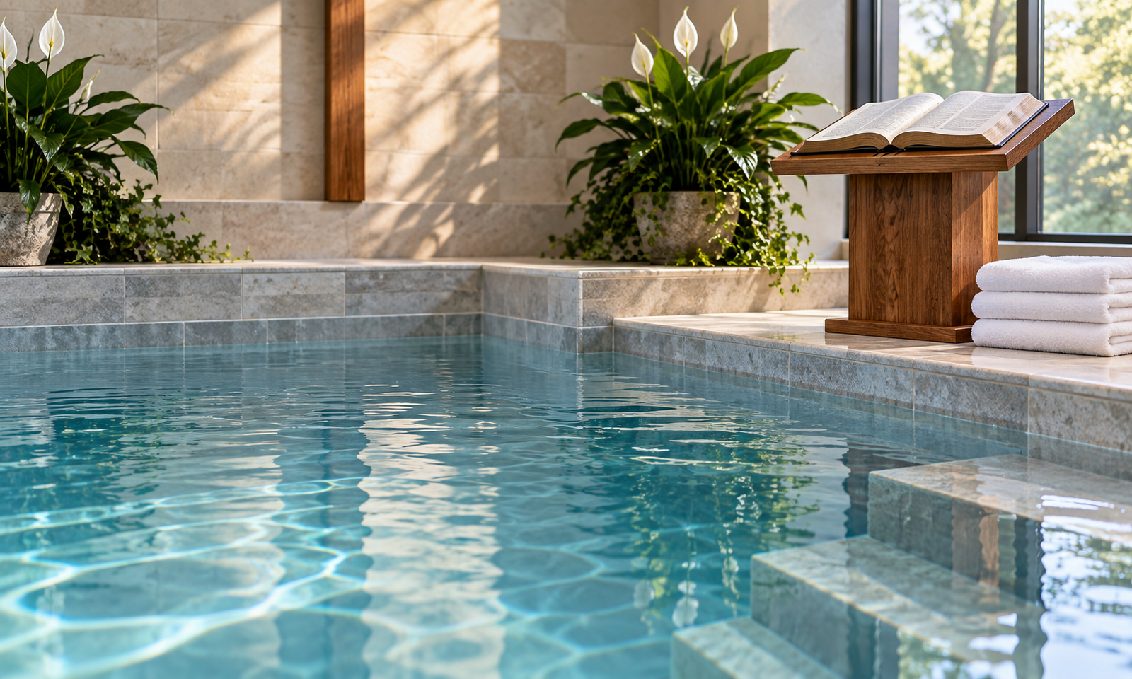 A clear church baptismal pool with folded towels and an open Bible on a wooden stand
