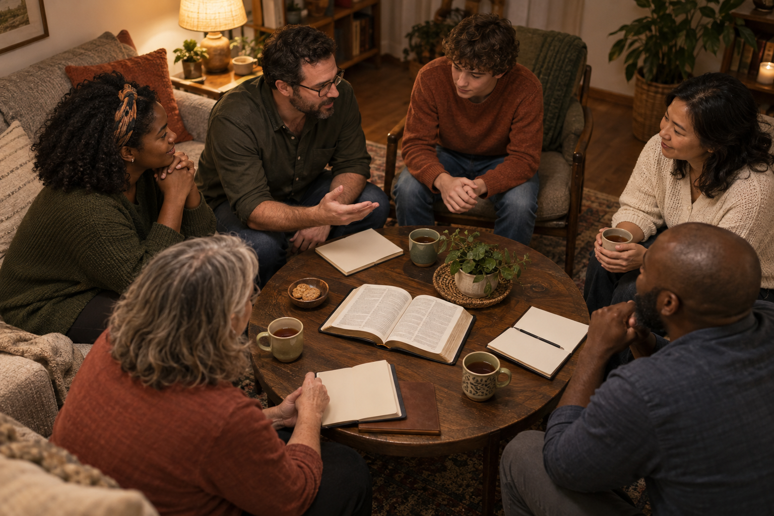 A diverse small group studies an open Bible together around a living room table
