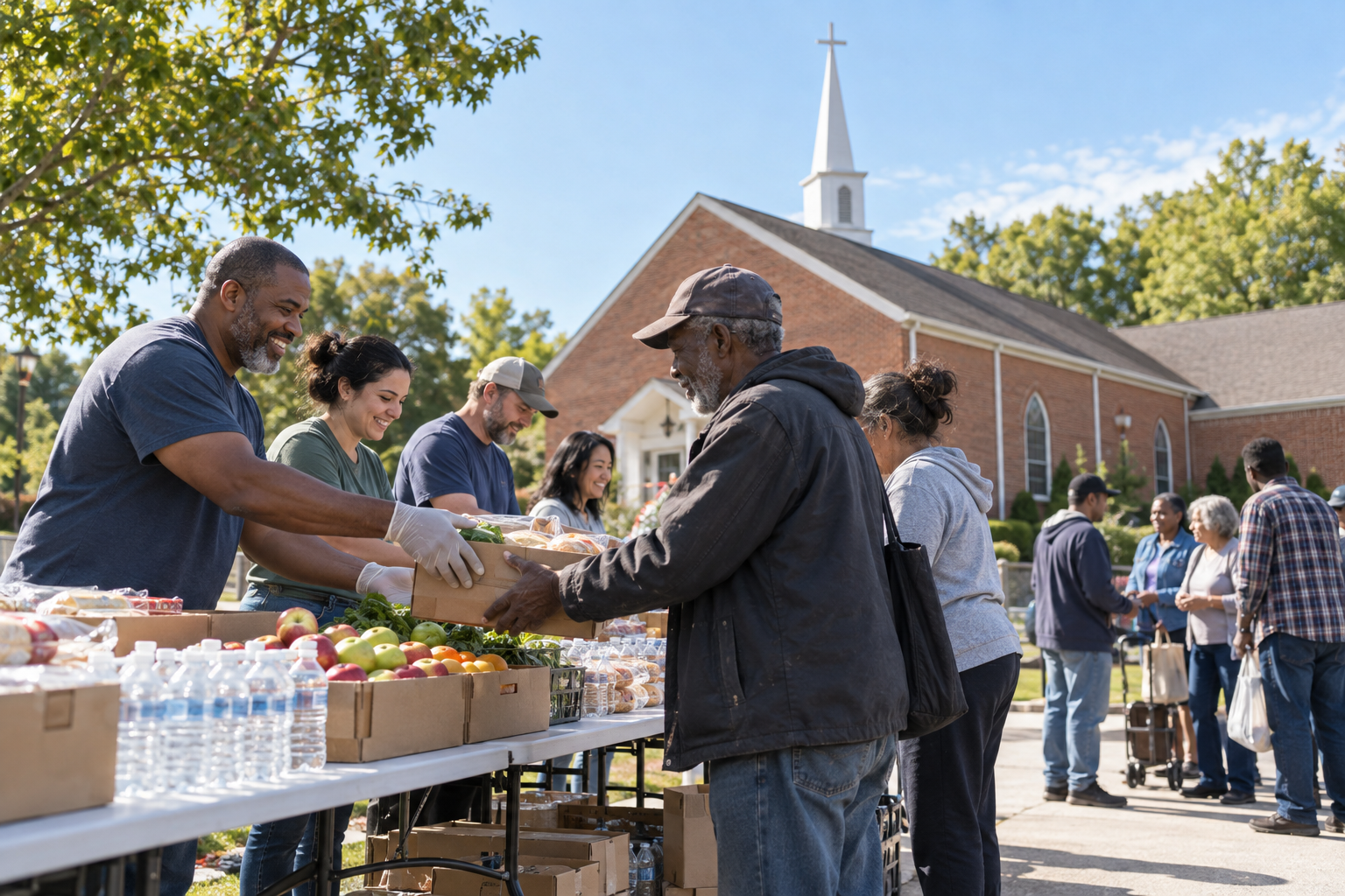 Church volunteers serve food and water to neighbors in a church courtyard