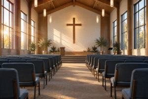 An empty church sanctuary with rows of chairs facing a wooden cross in warm light
