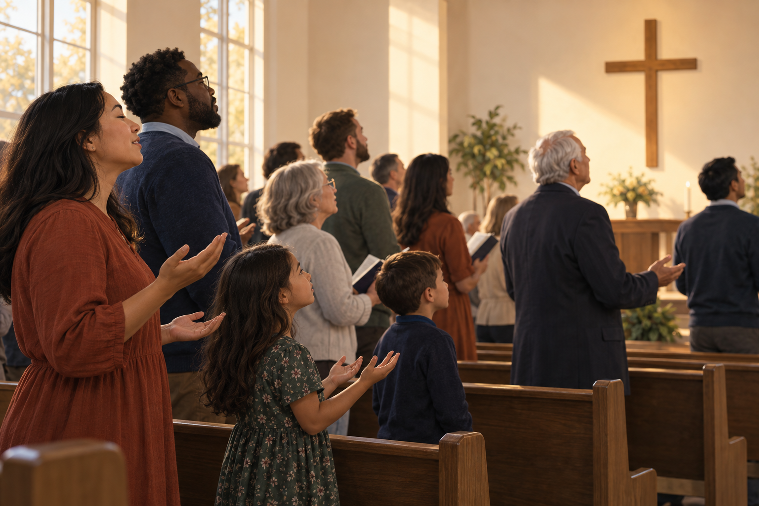 A multi-generational congregation worships together beneath a wooden cross