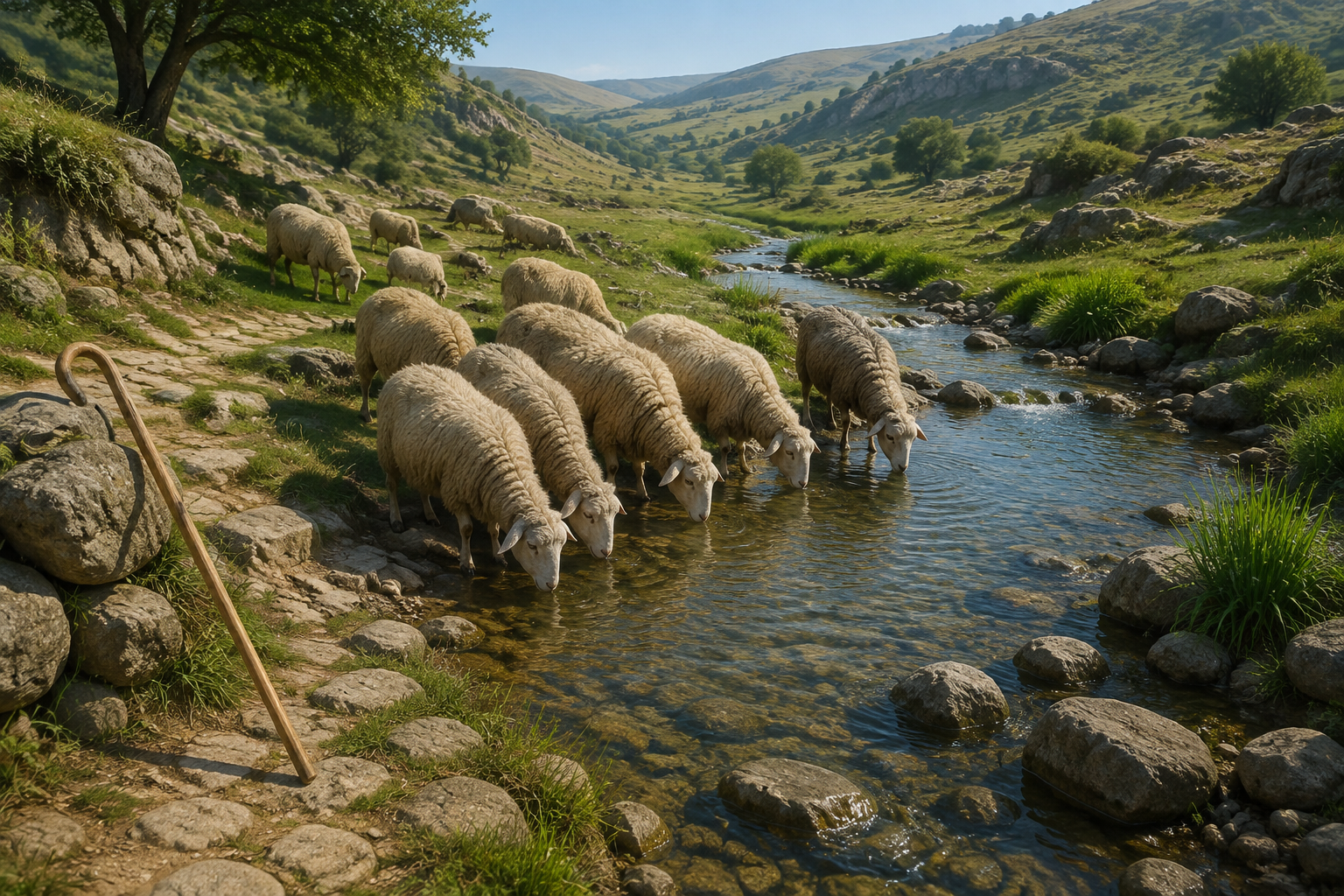 Sheep drink from a clear stream in a green valley