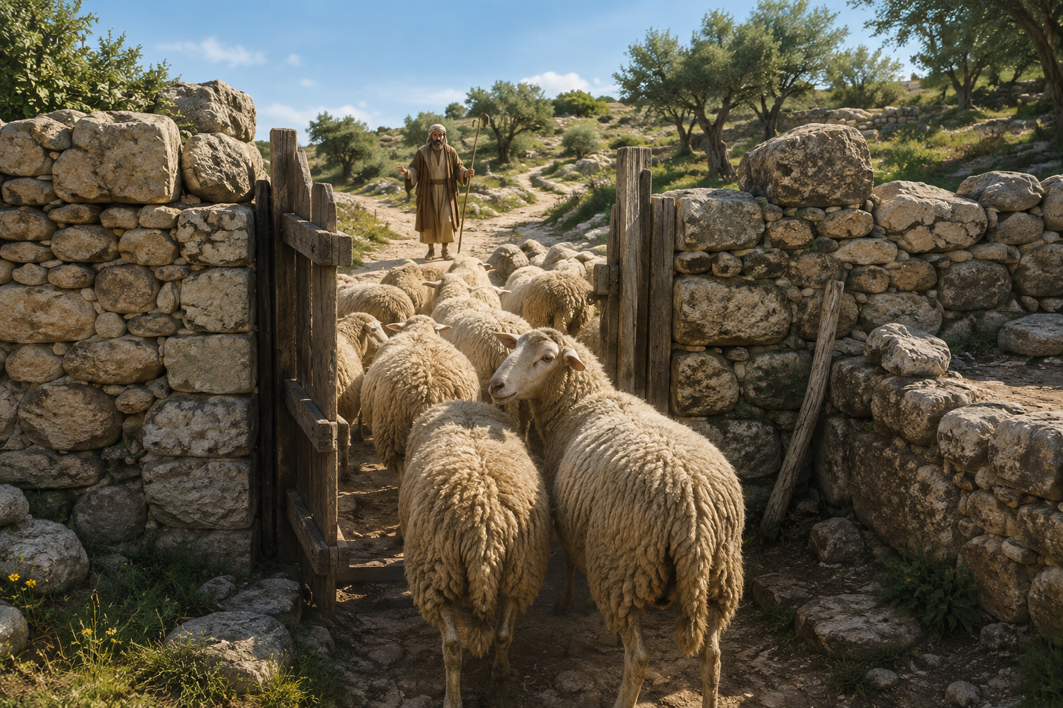 Sheep enter a stone sheepfold as a shepherd leads them