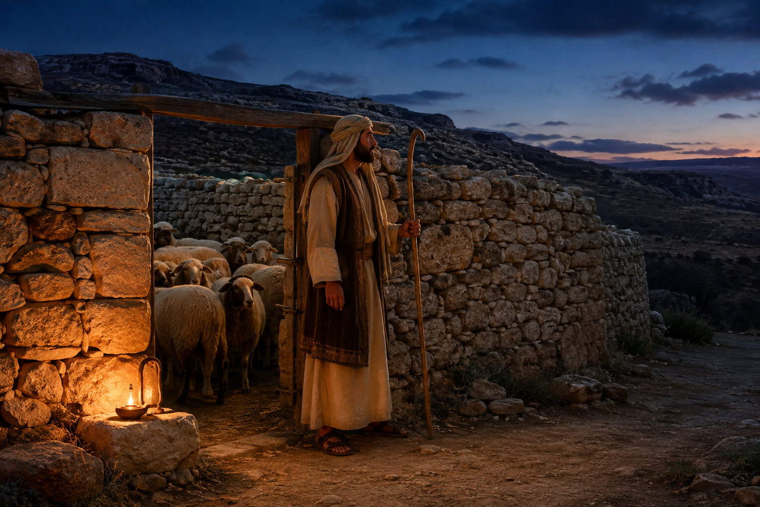 A shepherd guards sheep at a stone fold at dusk