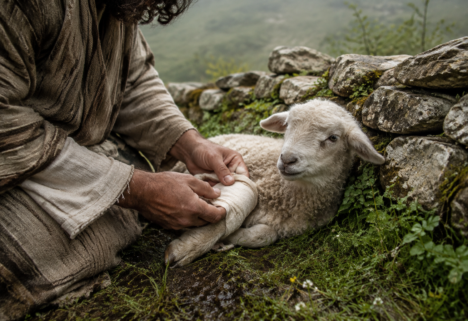 A shepherd gently binds an injured sheep’s leg
