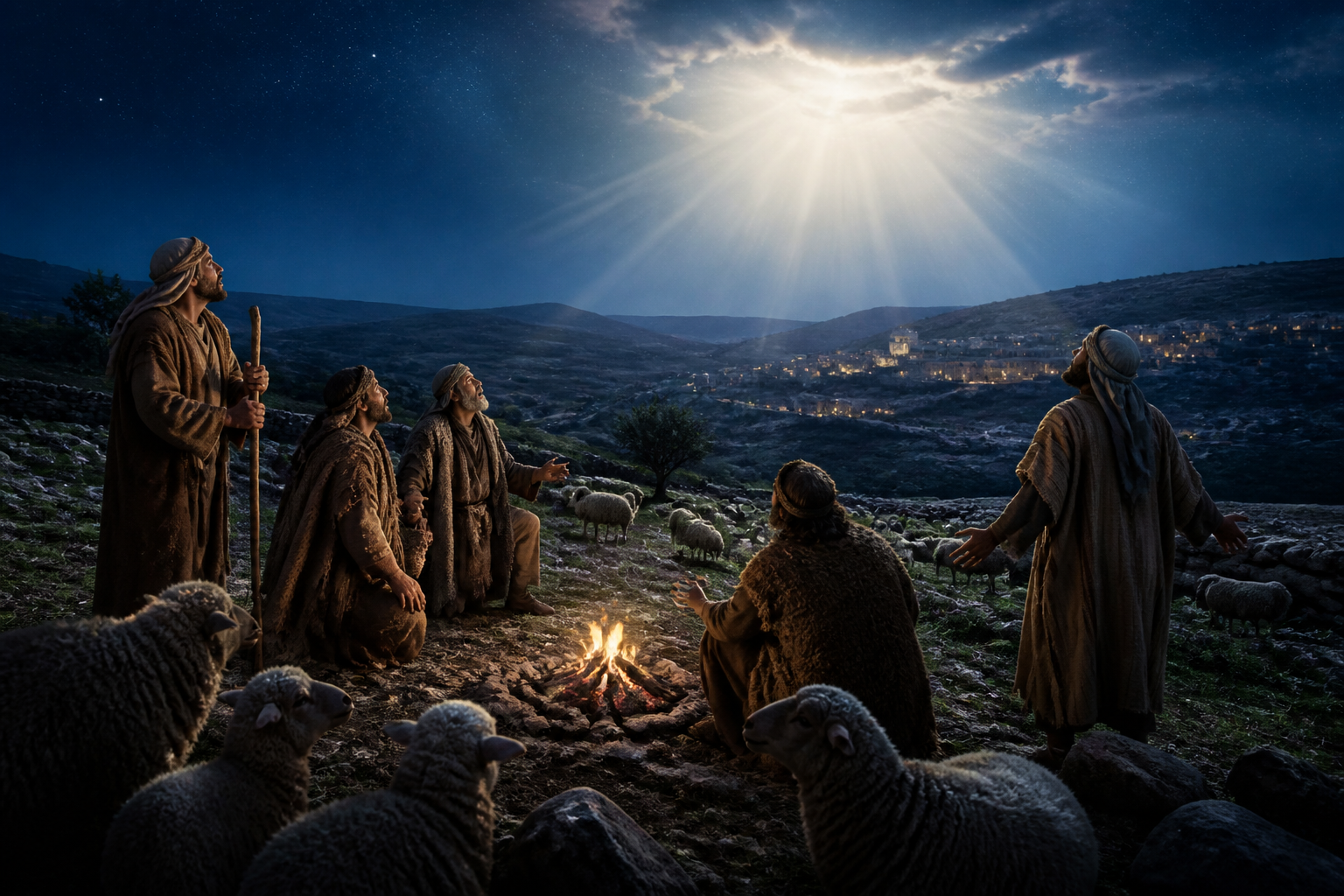Shepherds look toward a heavenly light over the hills near Bethlehem