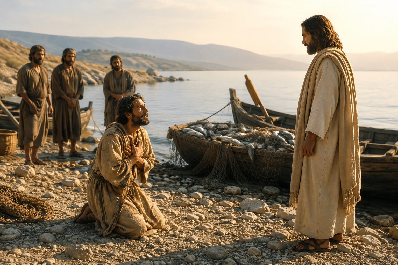 Simon Peter kneels before Jesus on the shore after the miraculous catch