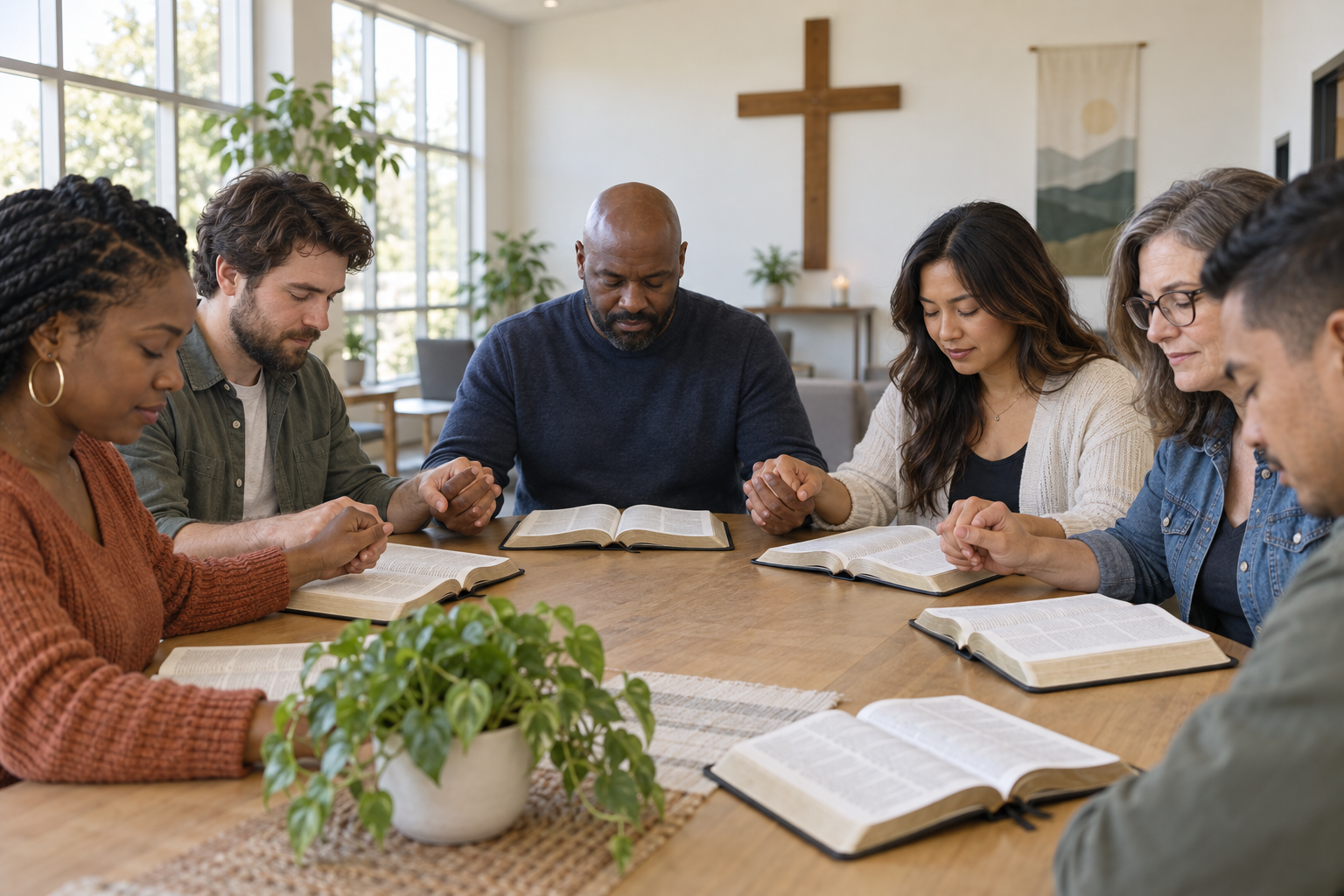 A diverse small Christian group prays together around a table with open Bibles