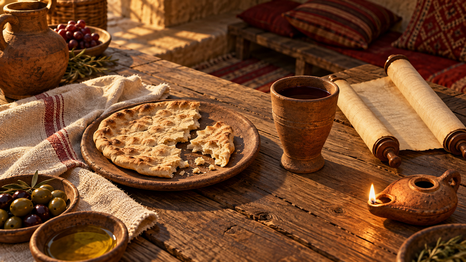 Torn bread and a clay cup sit on a first-century meal table beside a blank scroll