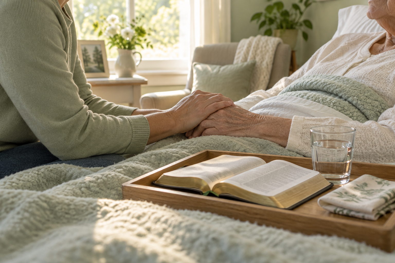 A caregiver holds an older person’s hand beside an open Bible and water glass