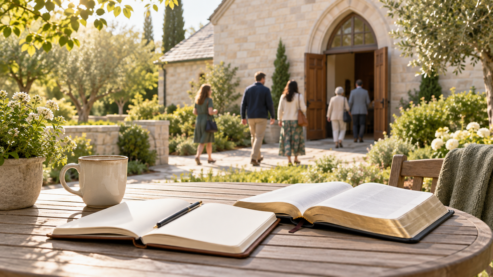 An open Bible and blank prayer journal sit on a garden table as people enter a church