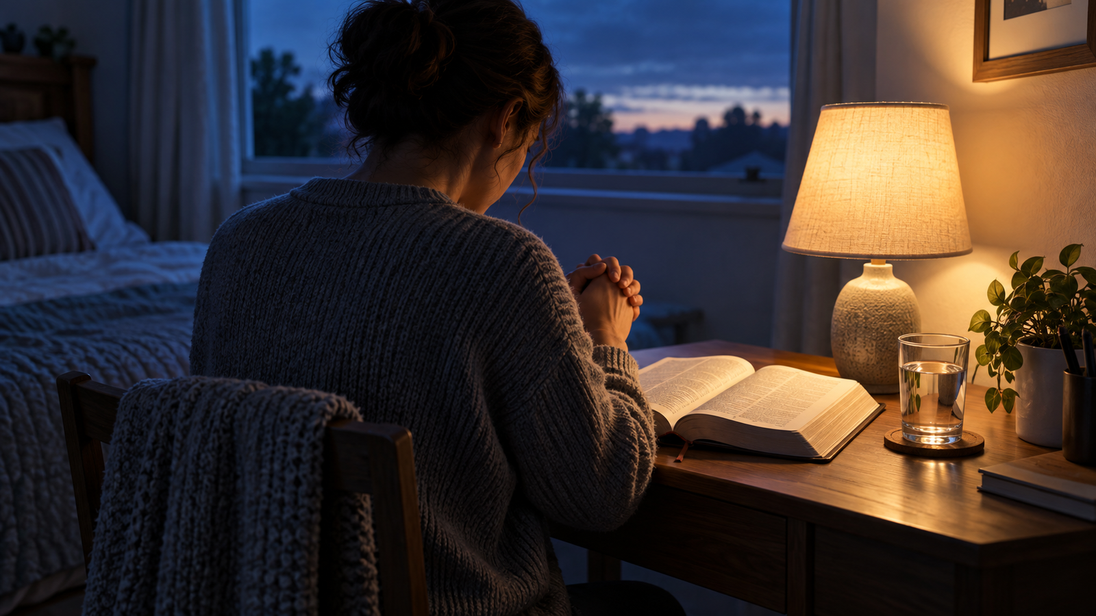 A believer prays beside an open Bible at a quiet bedside table before dawn