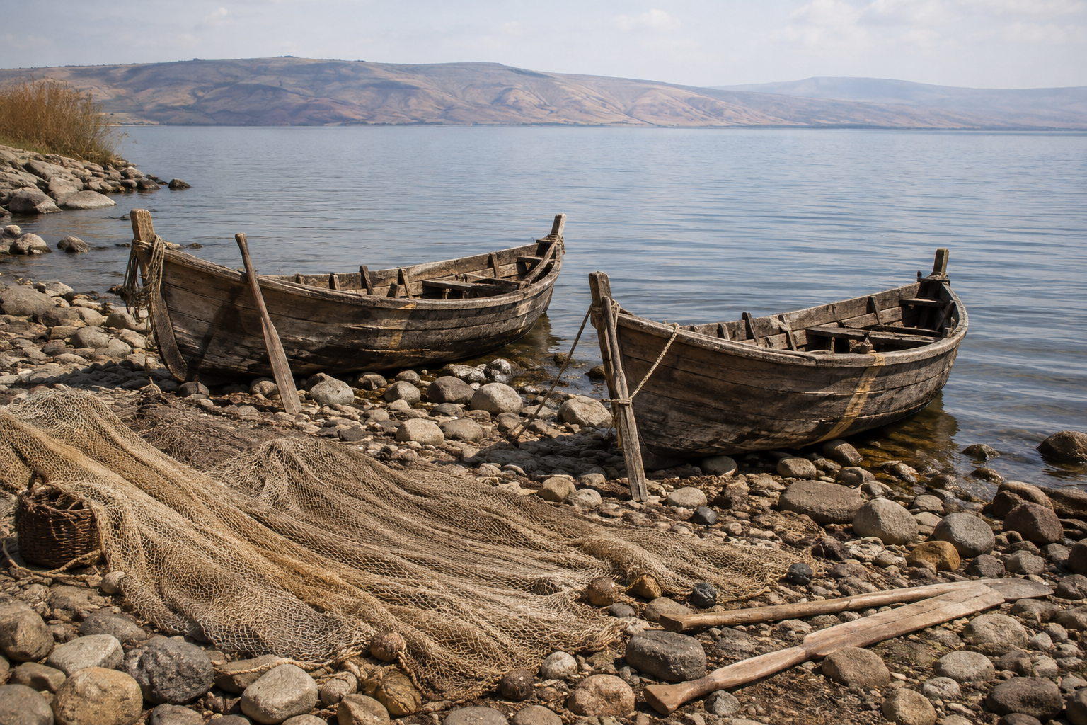 Two wooden boats and washed fishing nets rest on the shore of the Sea of Galilee