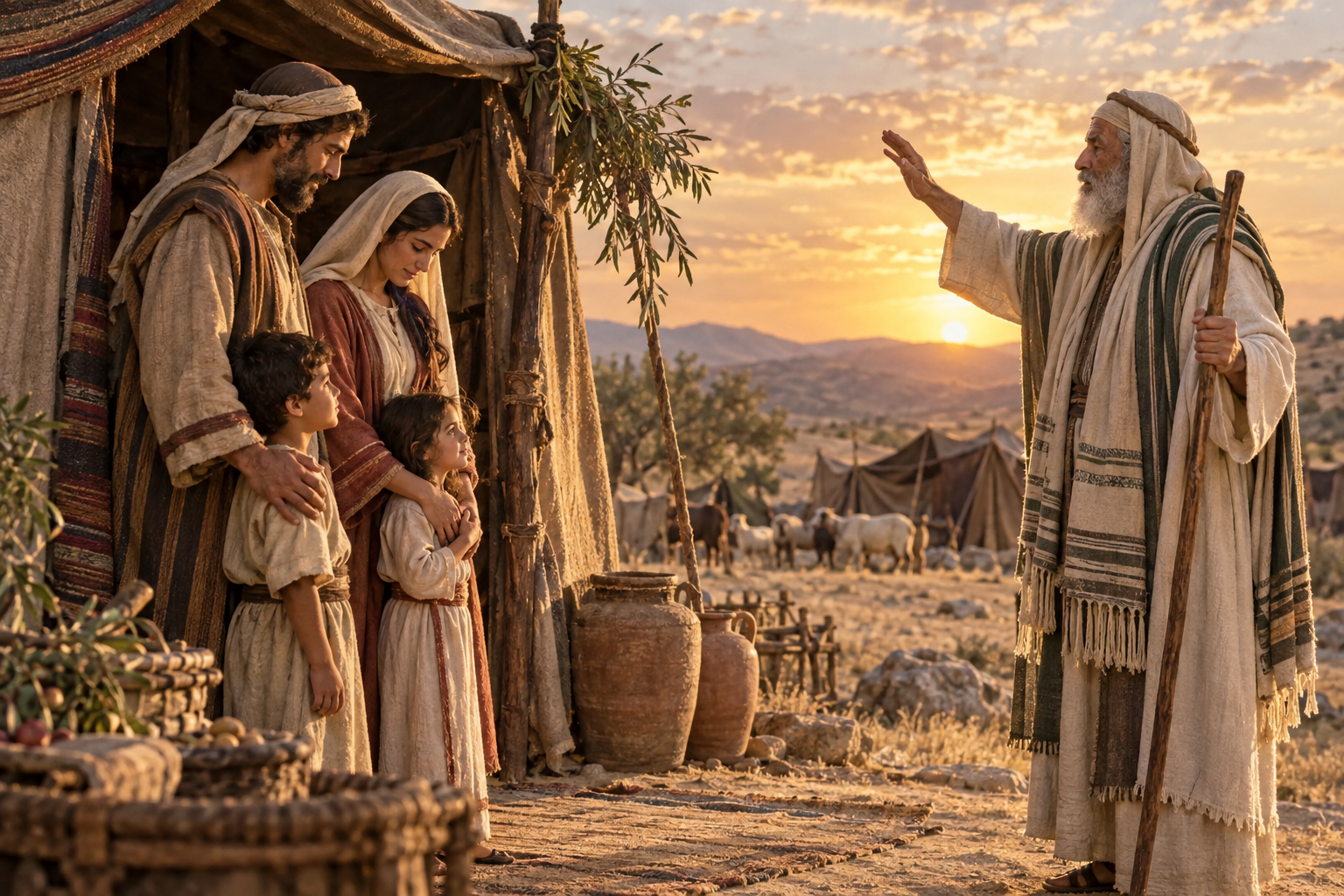 An Israelite family listens as an older priest raises his hand in blessing beside their tent