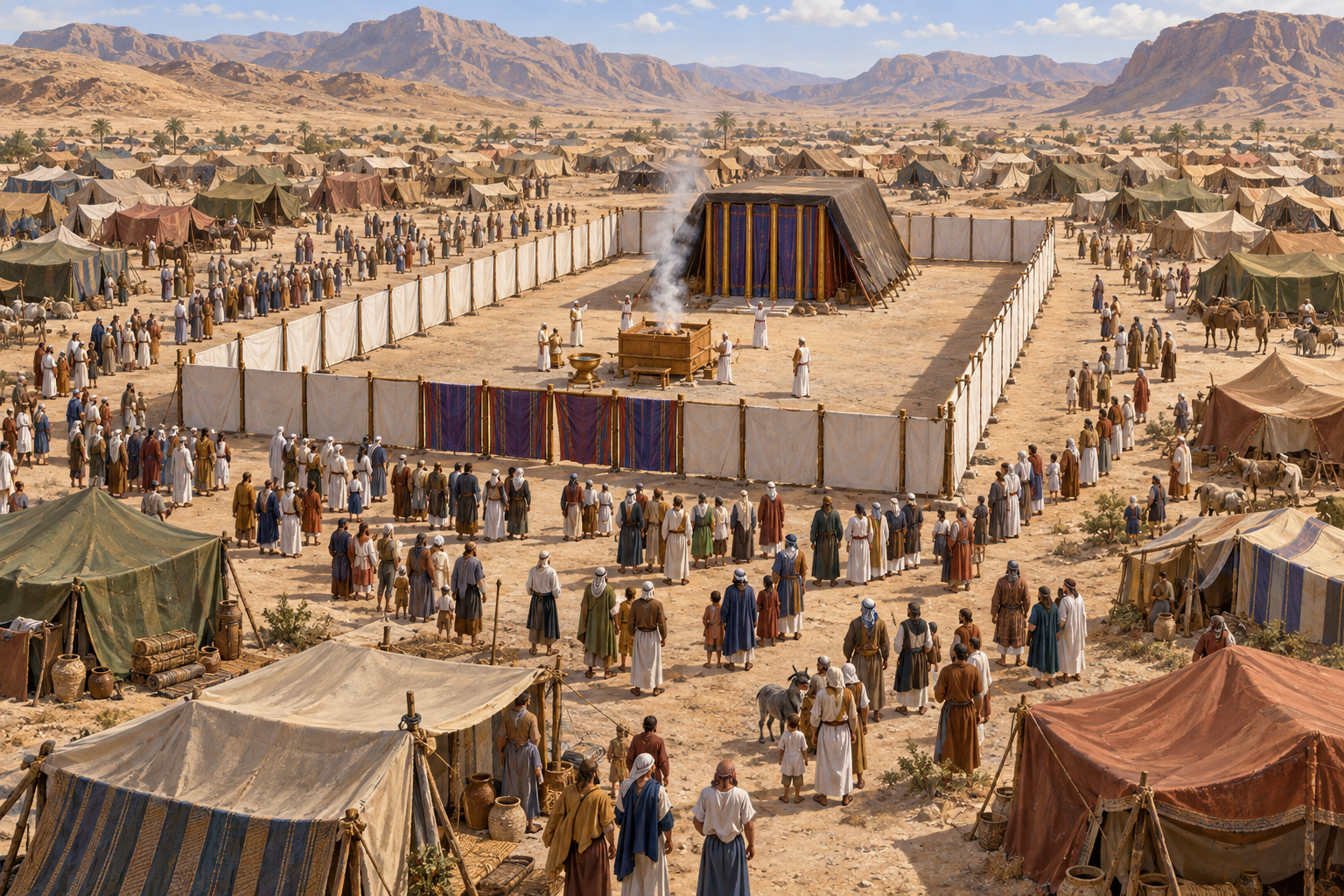 An ancient Israelite camp gathers around the tabernacle in the desert