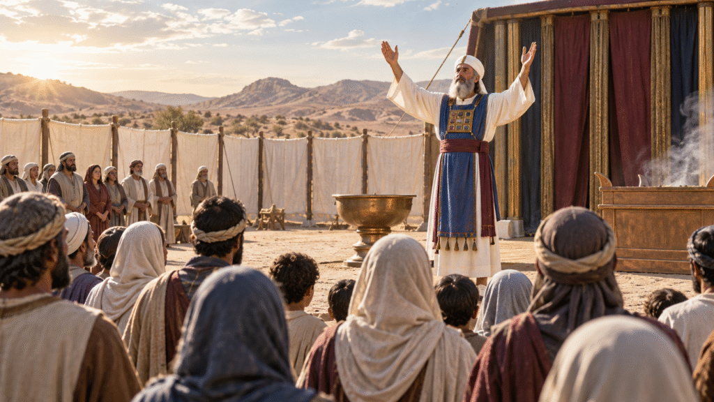 An ancient Israelite priest raises his hands to bless worshipers in the tabernacle courtyard