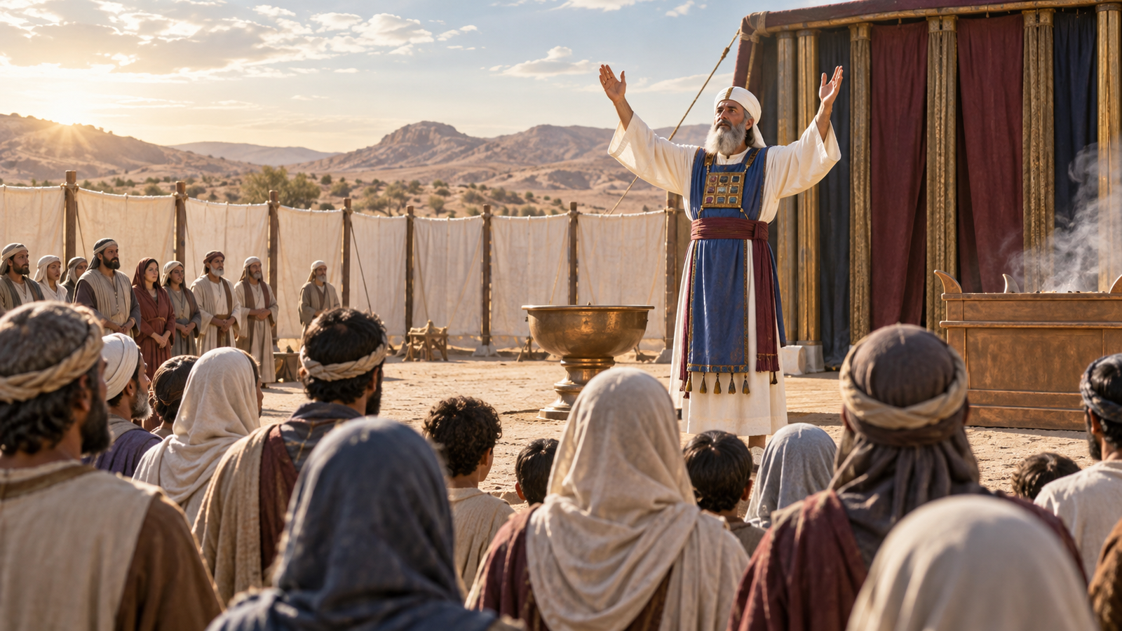 An ancient Israelite priest raises his hands to bless worshipers in the tabernacle courtyard