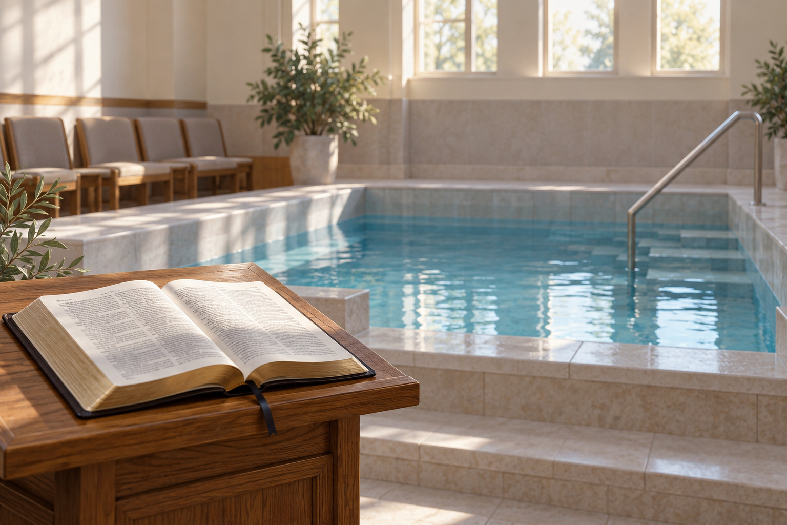 A clear baptistry stands behind an open Bible on a wooden lectern in a quiet church