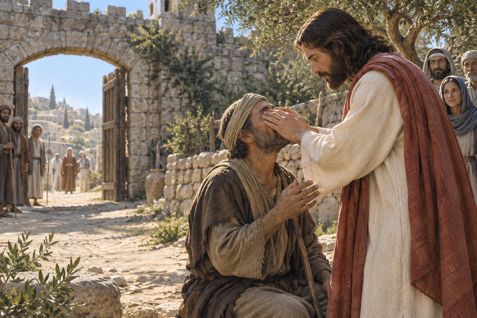 Jesus gently touches the eyes of a blind man beside a first-century village gate