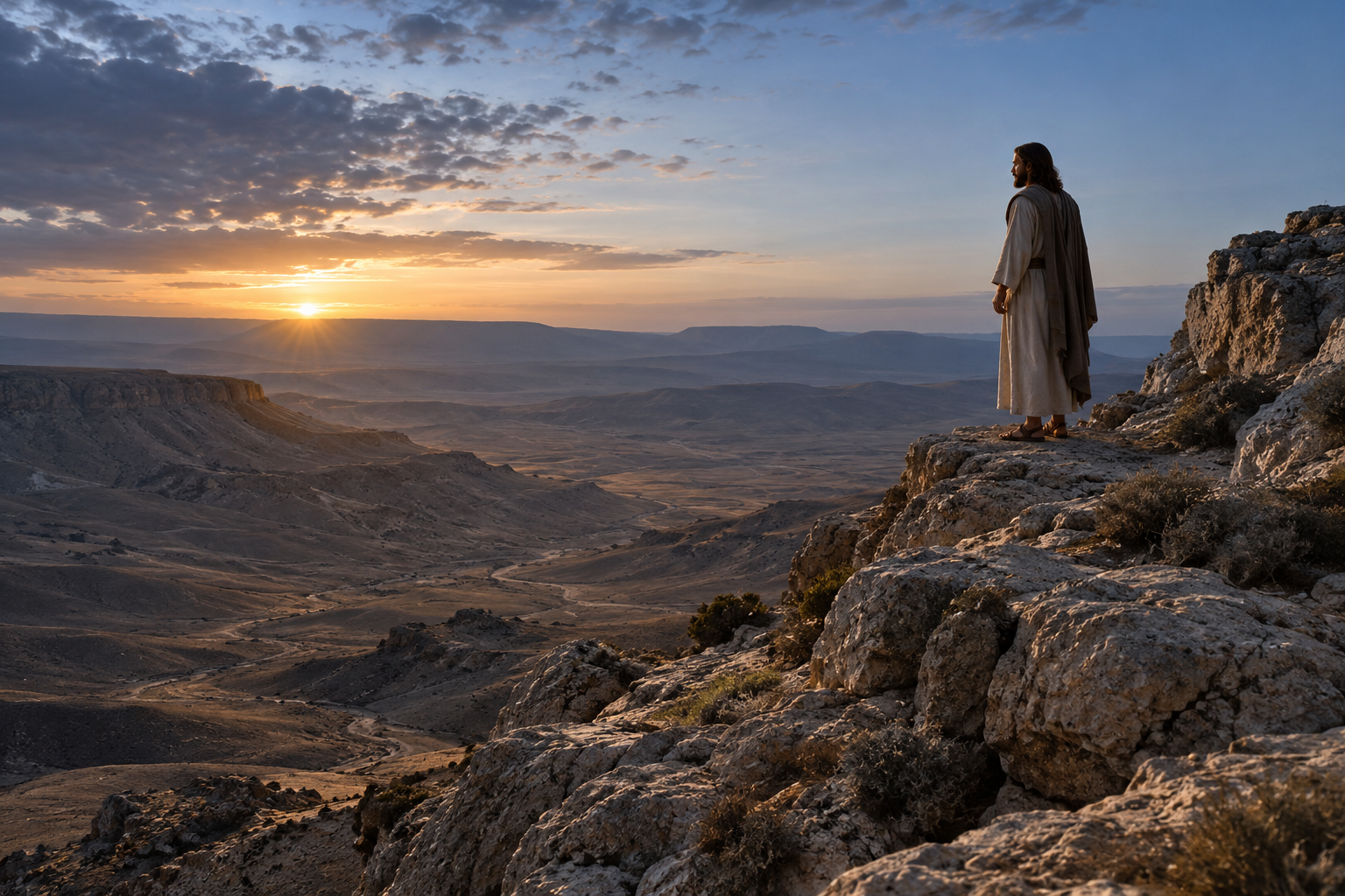 Jesus stands on a rocky wilderness ridge above a desert valley at dawn